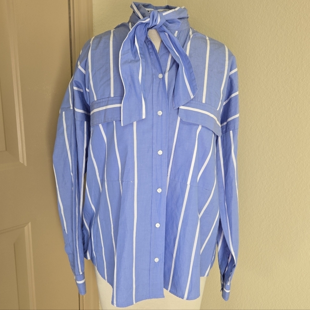 Zara basic striped poplin neck bow button up top S